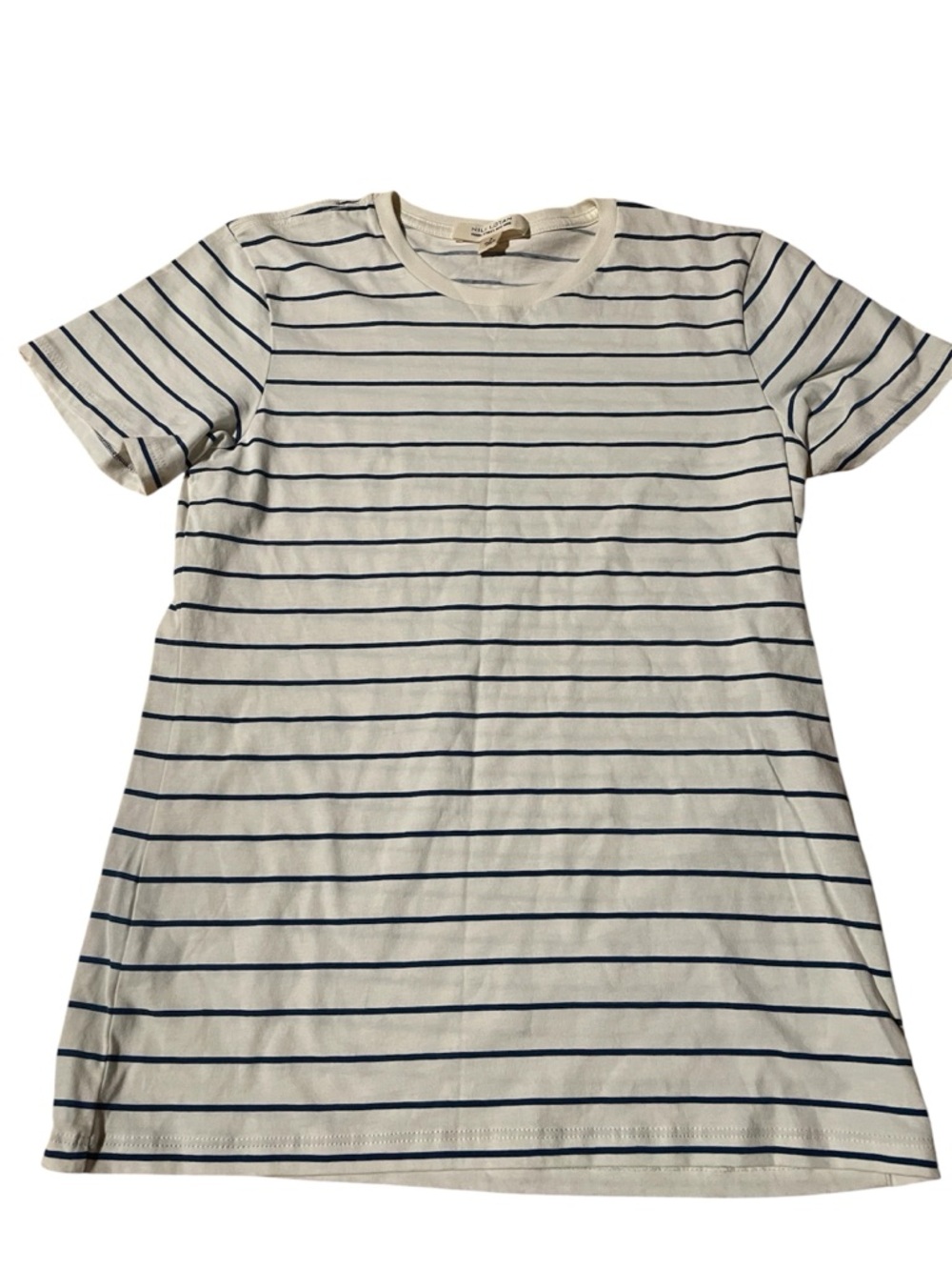 Nili Lotan White Cream Short Sleeve Striped Tee with Navy Stripes